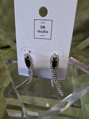 #1118 DB Studio Black Crystal Drop Earrings with Silver Accents
